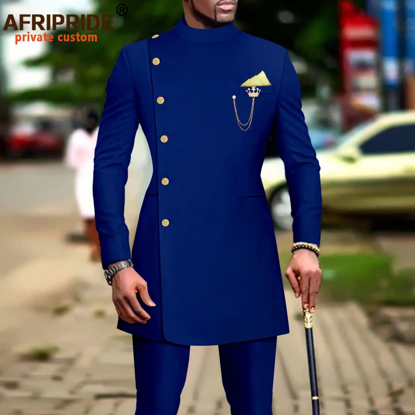 African Suits for Men Single Breasted Blazer and Pants 2 Piece Set Dashiki Outfits Ankara Attire with Chain Kerchief A2316019