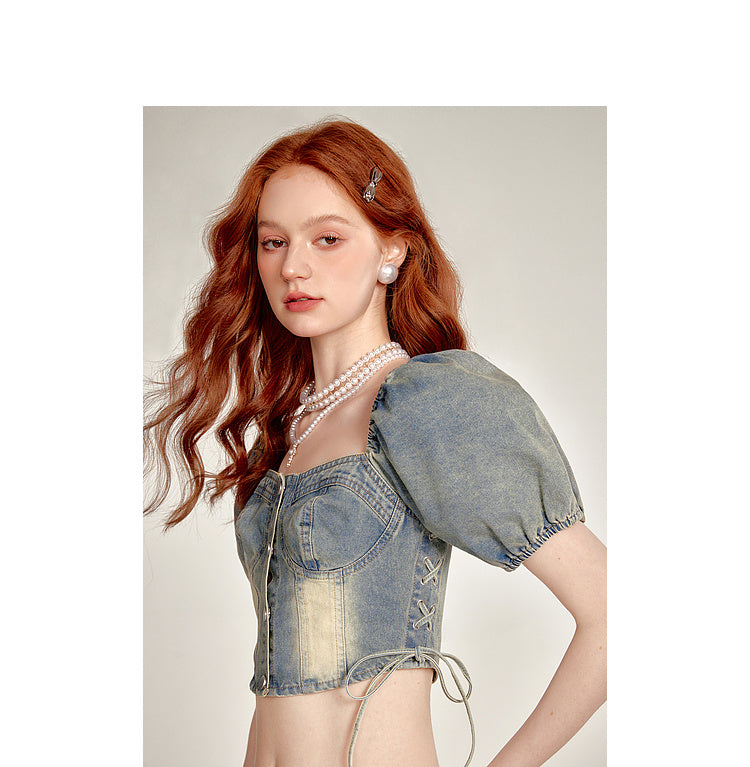 Lace-up Smocking Waist Slim Fit Cropped Denim Top