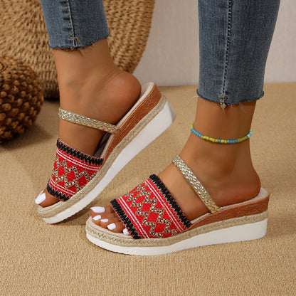 Color-blocked Wave-patterned Sandals Summer Fashion Wedges Slippers