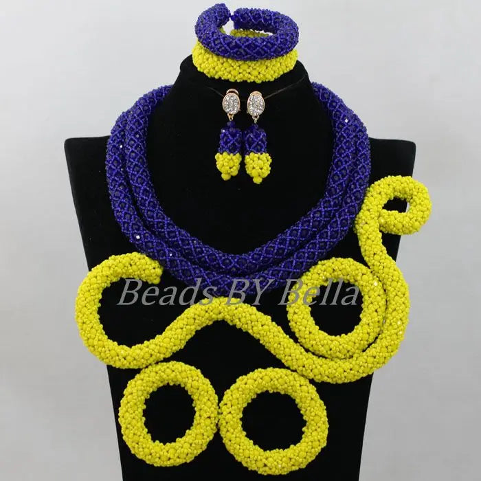 Royal Blue/Yellow Crystal Handmade Braid African Wedding Beads Bridal Jewelry Sets Nigerian Jewellery Set Free Shipping ABF986