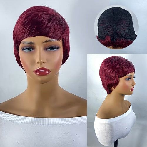 Short And Straight, Elf, Human Hair Non-toxic Wig, Burgundy, Short And Elf Haircut, Ladies Wig