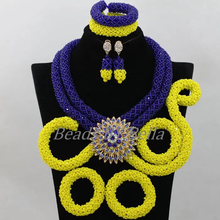Royal Blue/Yellow Crystal Handmade Braid African Wedding Beads Bridal Jewelry Sets Nigerian Jewellery Set Free Shipping ABF986