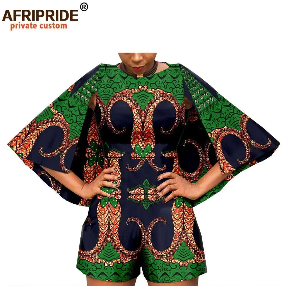 2024 African Fashion Playsuits for Women AFRIPRIDE Tailor Made Bazin Richi Cloak Sleeve Women Casual Cotton Playsuits A1929001