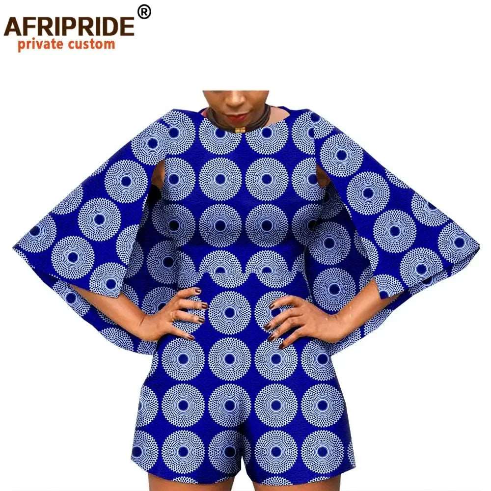 2024 African Fashion Playsuits for Women AFRIPRIDE Tailor Made Bazin Richi Cloak Sleeve Women Casual Cotton Playsuits A1929001