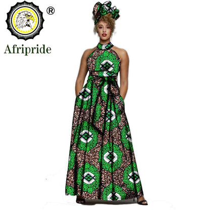 2024 AFRIPRIDE African dresses for women Print Sleeveless Vintage Bow Halter Floor- Length  Maxi dresses with headscraf S1925014