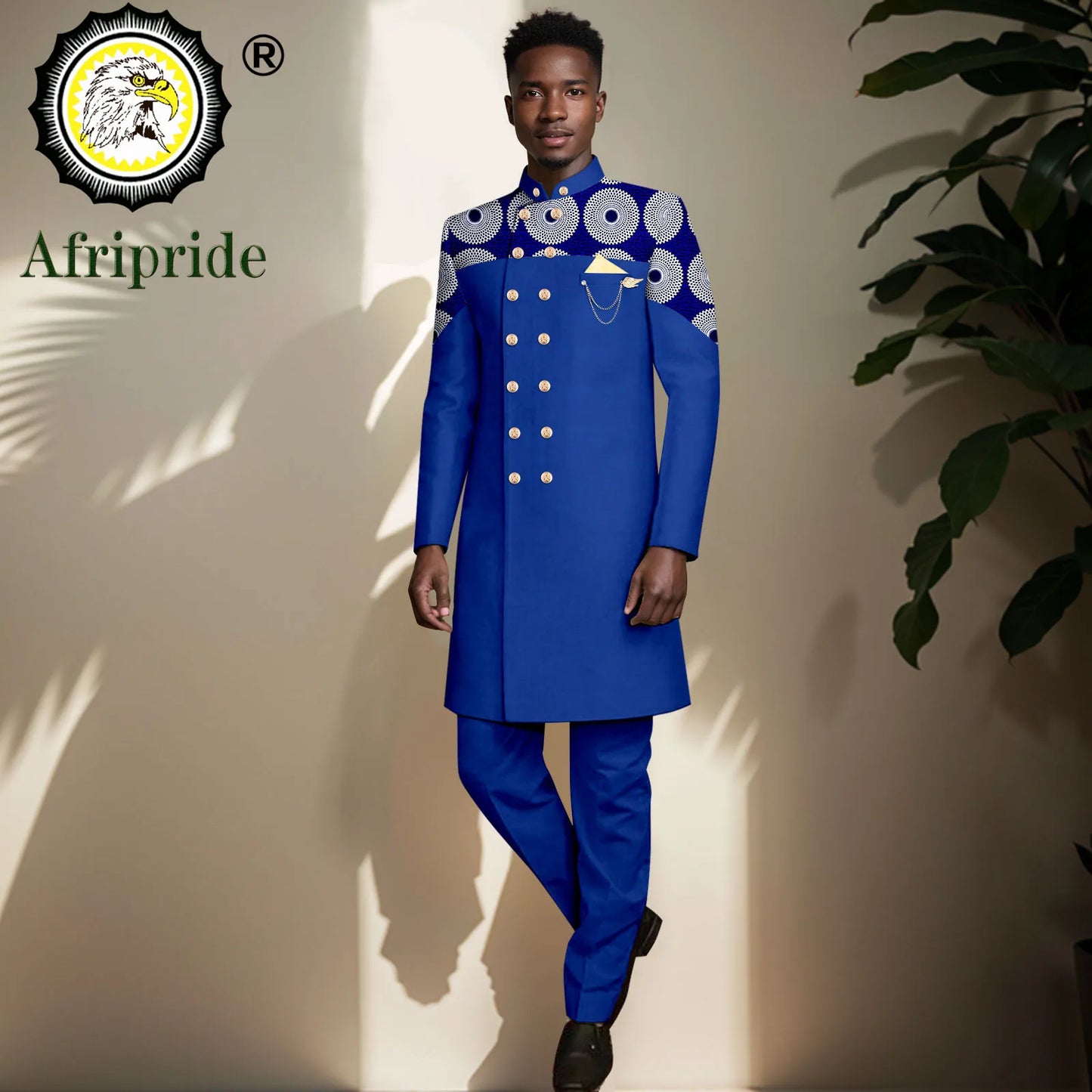 African Suits for Men Double Breasted Embroidery Print Blazer and Pants Set Formal Outfits with Brooch Wedding Wear 2416073