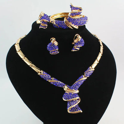 African Beads Jewelry Sets For Women Crystal Necklace Earrings Bangle Ring Gold Color Pendant Wedding Dress Accessories