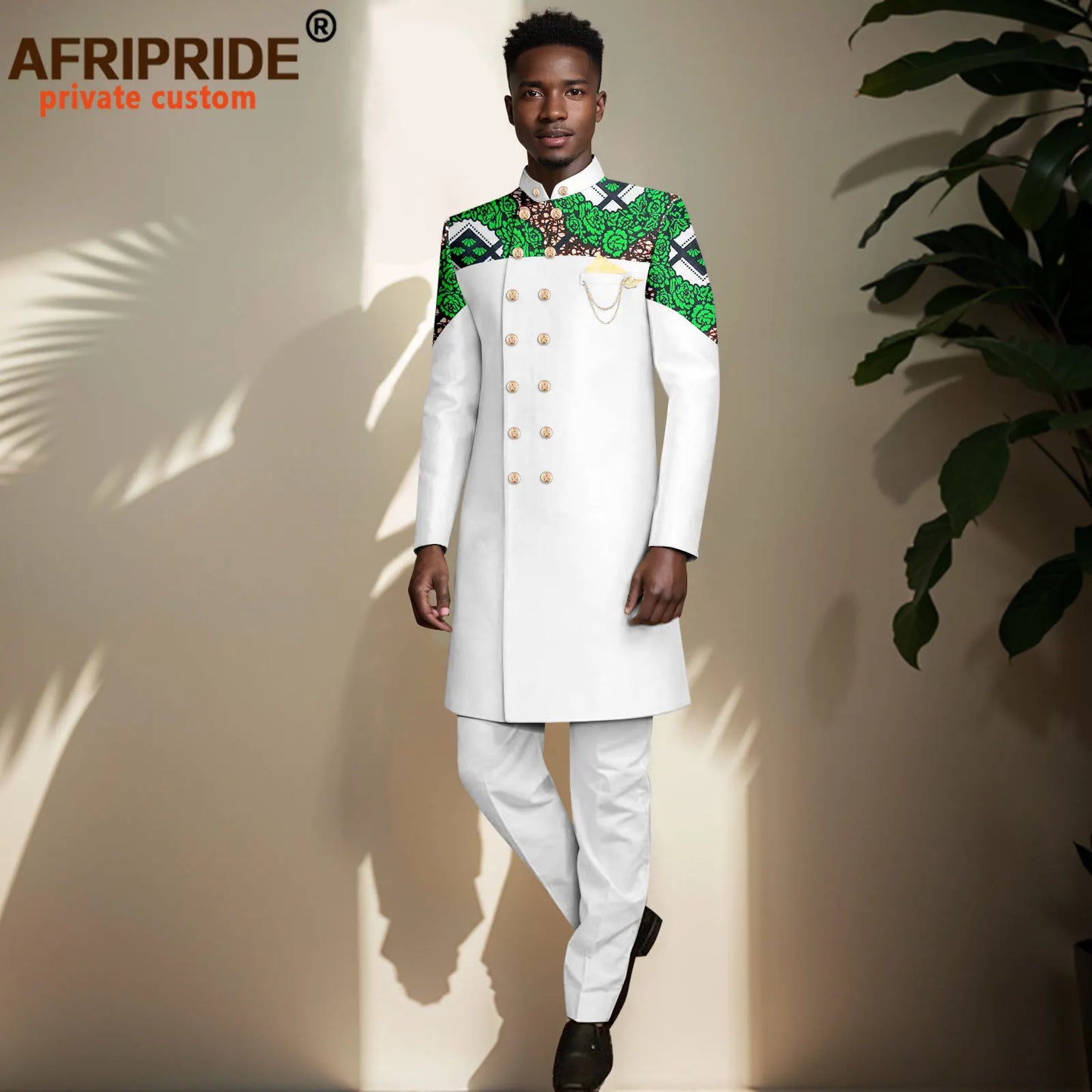 African Suits for Men Double Breasted Embroidery Print Blazer and Pants Set Formal Outfits with Brooch Wedding Wear 2416073