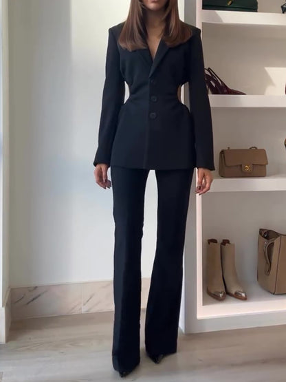 Black Waist Cutout Blazer High Waist Pants Suit