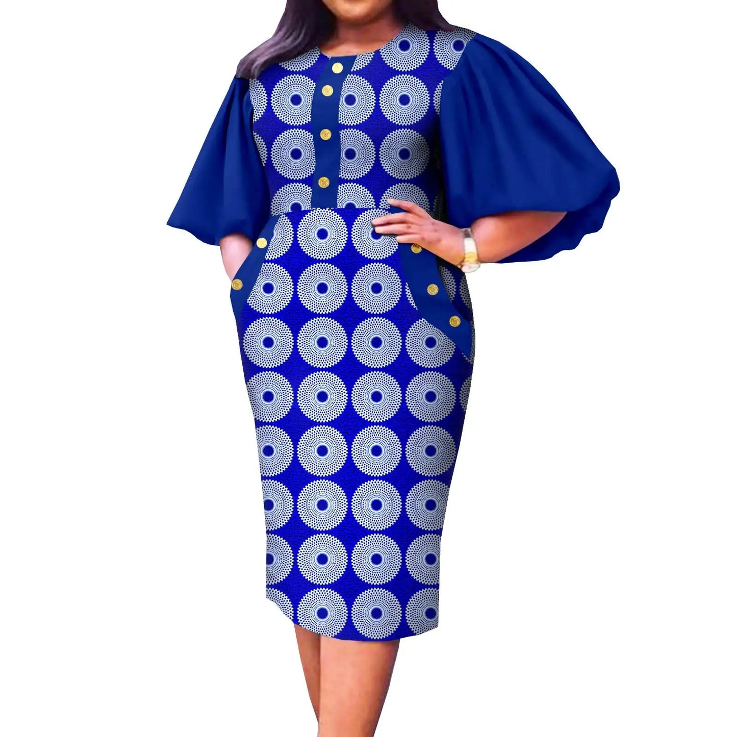 Afripride African Ankara Dresses for Women Customized Half Flare Sleeves Knee Length Casual Pencil Dress A2225032