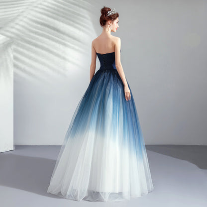 Elegant Ocean Blue Strapless Backless Ball Gown.