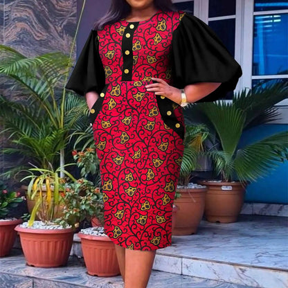 Afripride African Ankara Dresses for Women Customized Half Flare Sleeves Knee Length Casual Pencil Dress A2225032