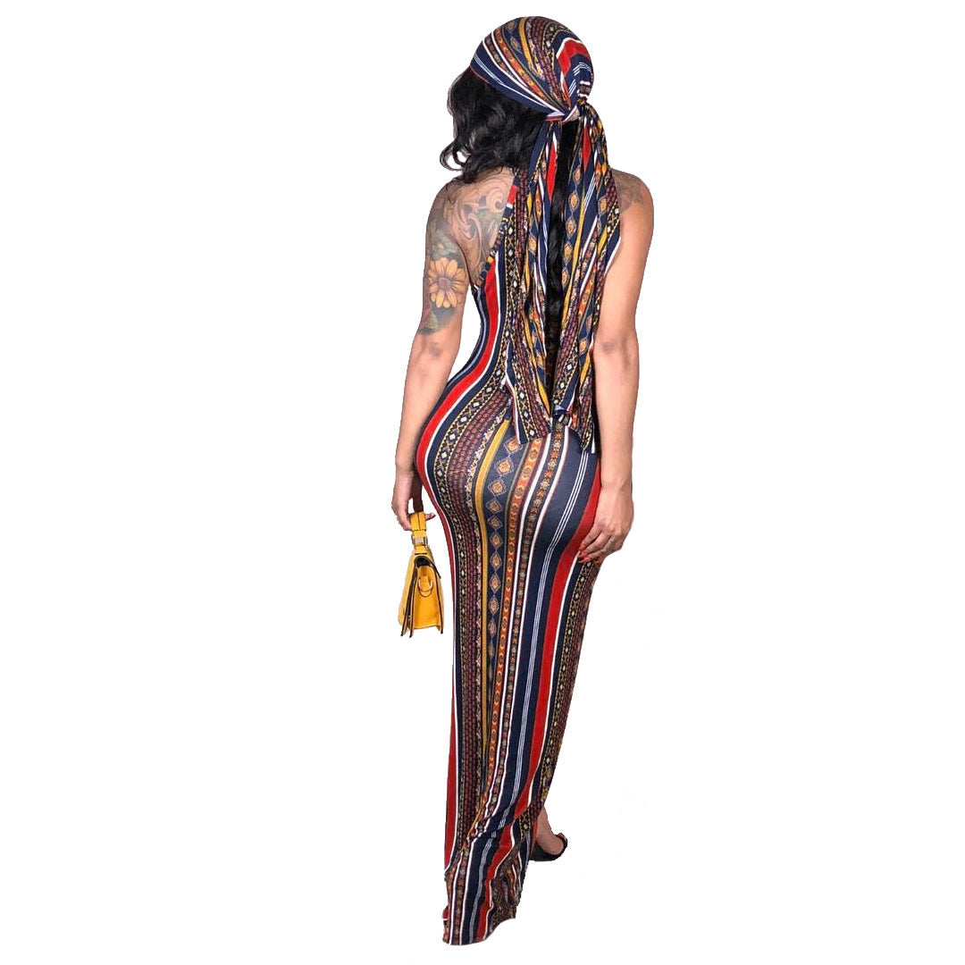 Bohemian Printed Stripe Dress And Headscarf