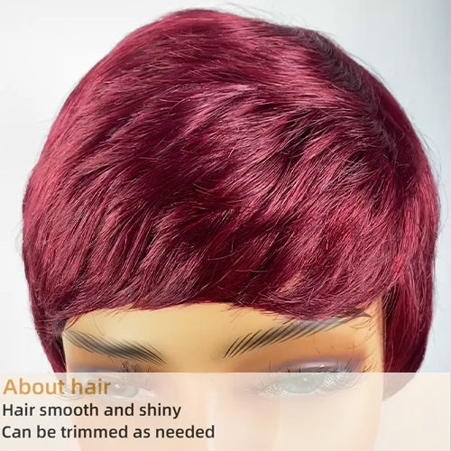 Short And Straight, Elf, Human Hair Non-toxic Wig, Burgundy, Short And Elf Haircut, Ladies Wig