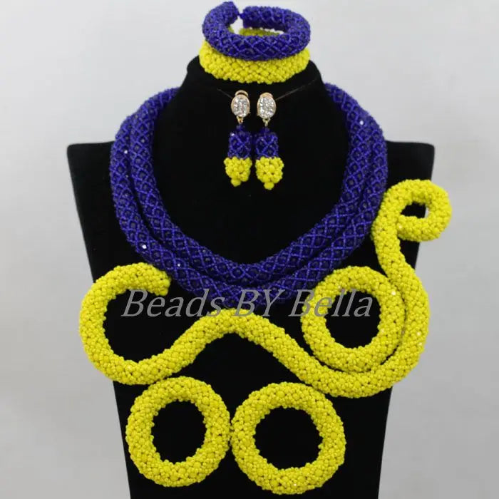 Royal Blue/Yellow Crystal Handmade Braid African Wedding Beads Bridal Jewelry Sets Nigerian Jewellery Set Free Shipping ABF986