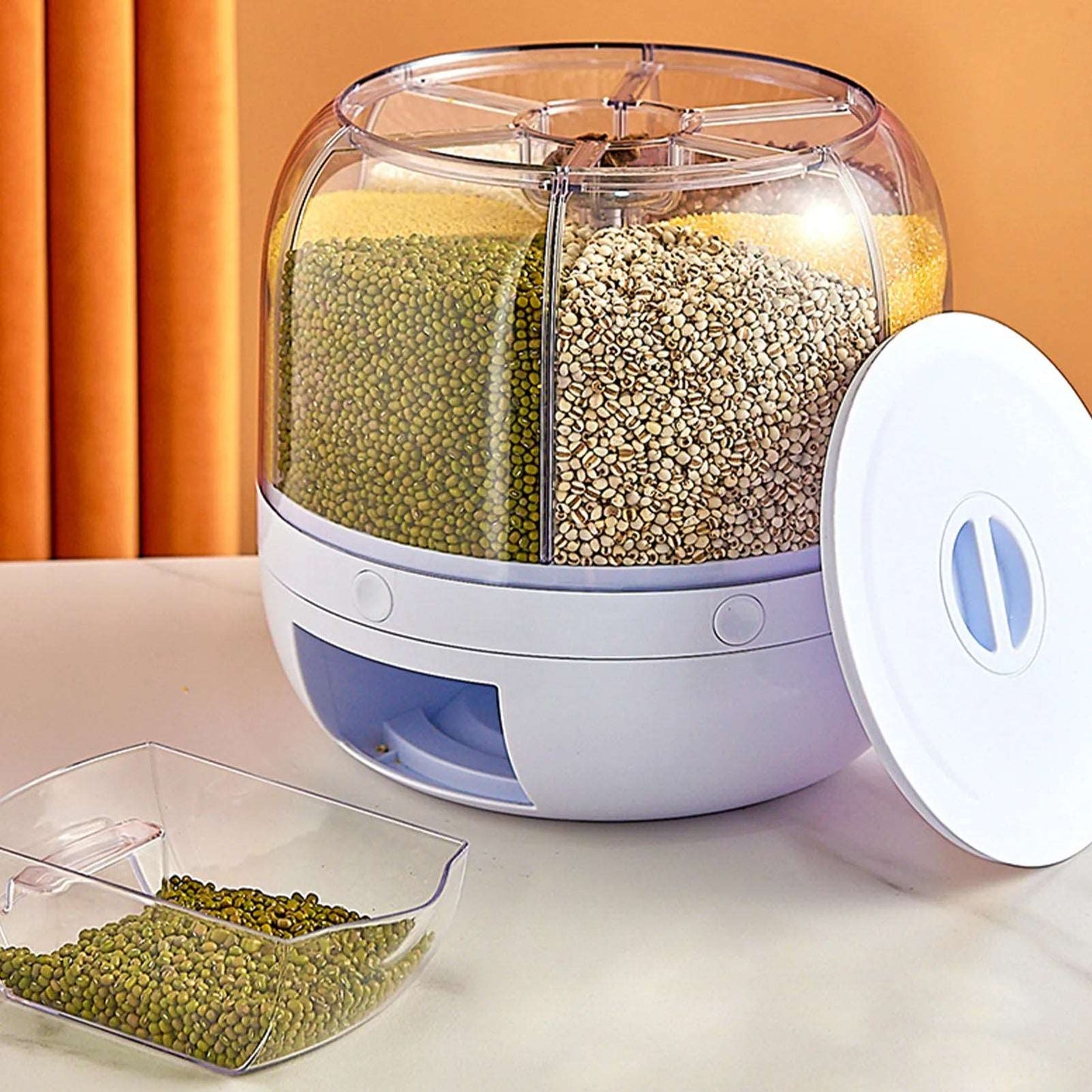 6-Grid Dry Food Container Cereal Dispenser Countertop Grain Rice Cereal Rotating Container Round Transparent Rice Bucket Visible