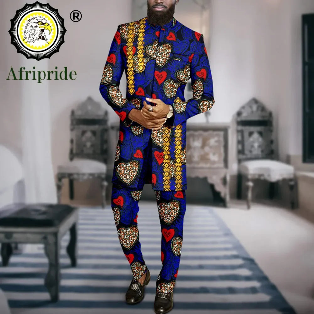 African Suits for Men Slim Fit Embroidery Print Blazer and Ankara Pants 2 Piece Set Formal Dress Suit Dashiki Outfits A2316069