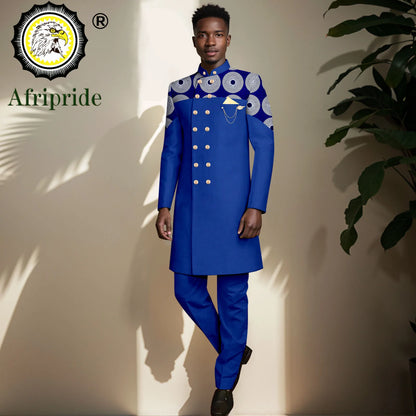 African Suits for Men Double Breasted Embroidery Print Blazer and Pants Set Formal Outfits with Brooch Wedding Wear 2416073