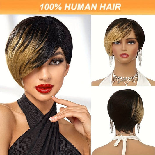 Brazil Remy Hair Non-toxic Short Wig- Straight, Lace-free Hat With Roses, 8 Inch.