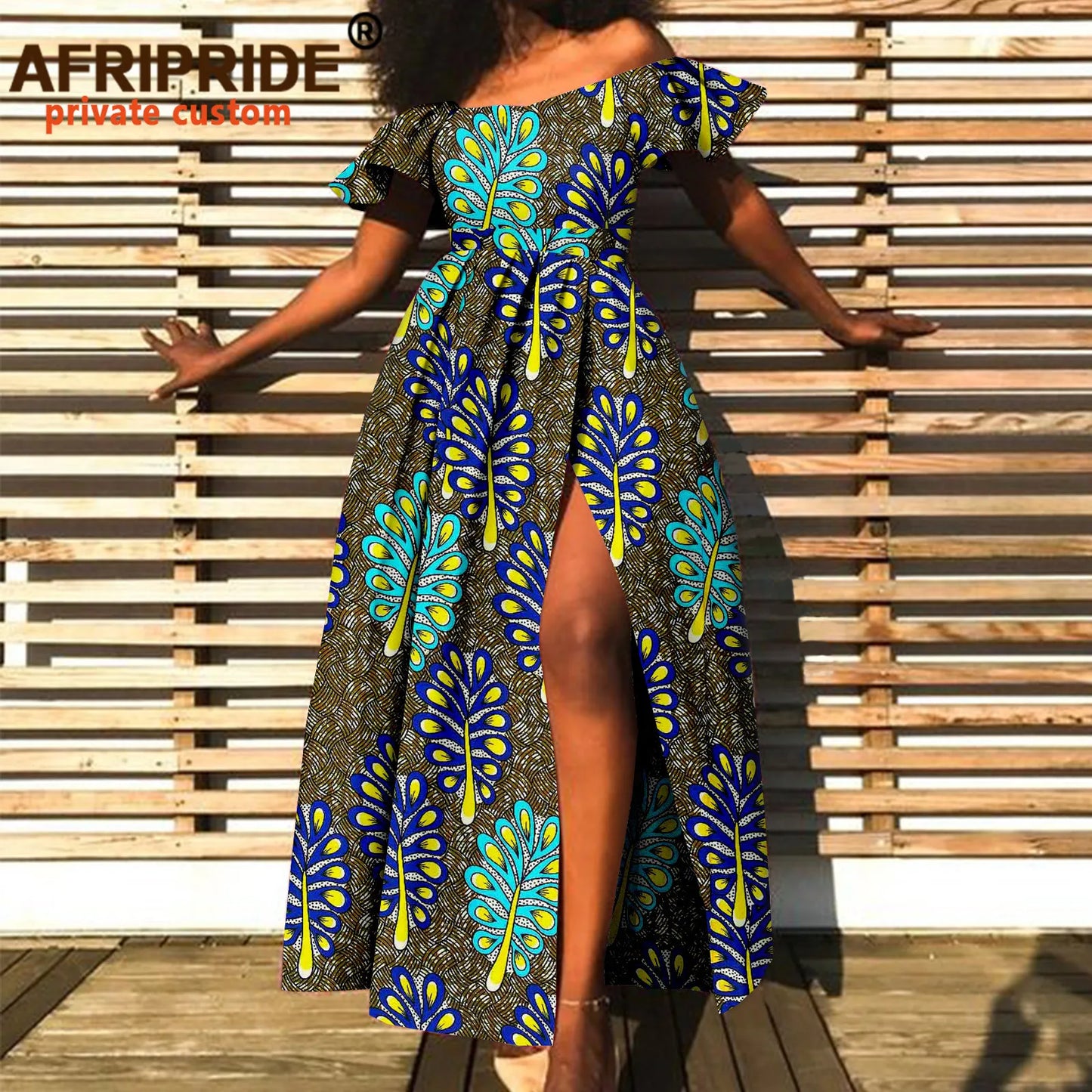 Afripride Dashiki Dresses for Women African Ankara Slash Neck Ankle Length Side Slit Casual Cotton Dress A2225061