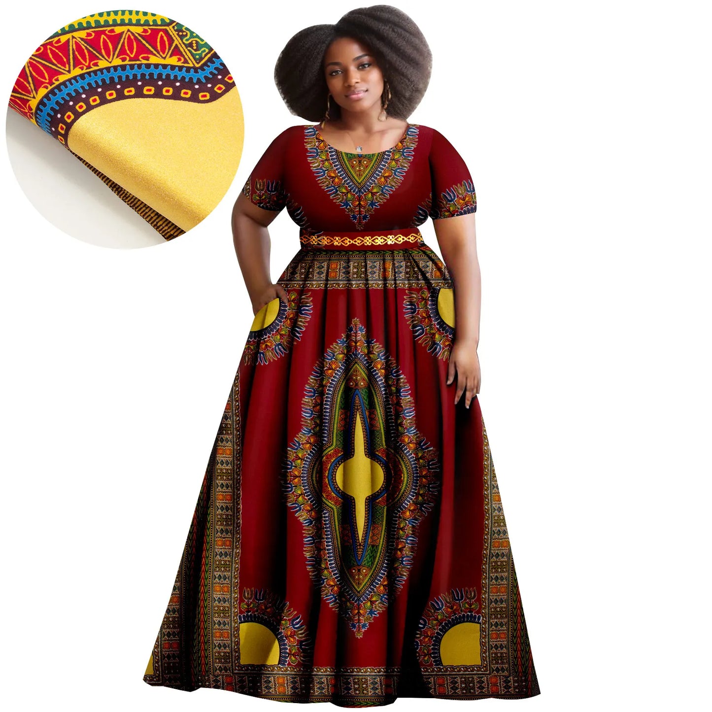 Afripride African Women's Dresses Ankara Batik Short Sleeve Gold Stamped Belt Accessory Dress 2425127