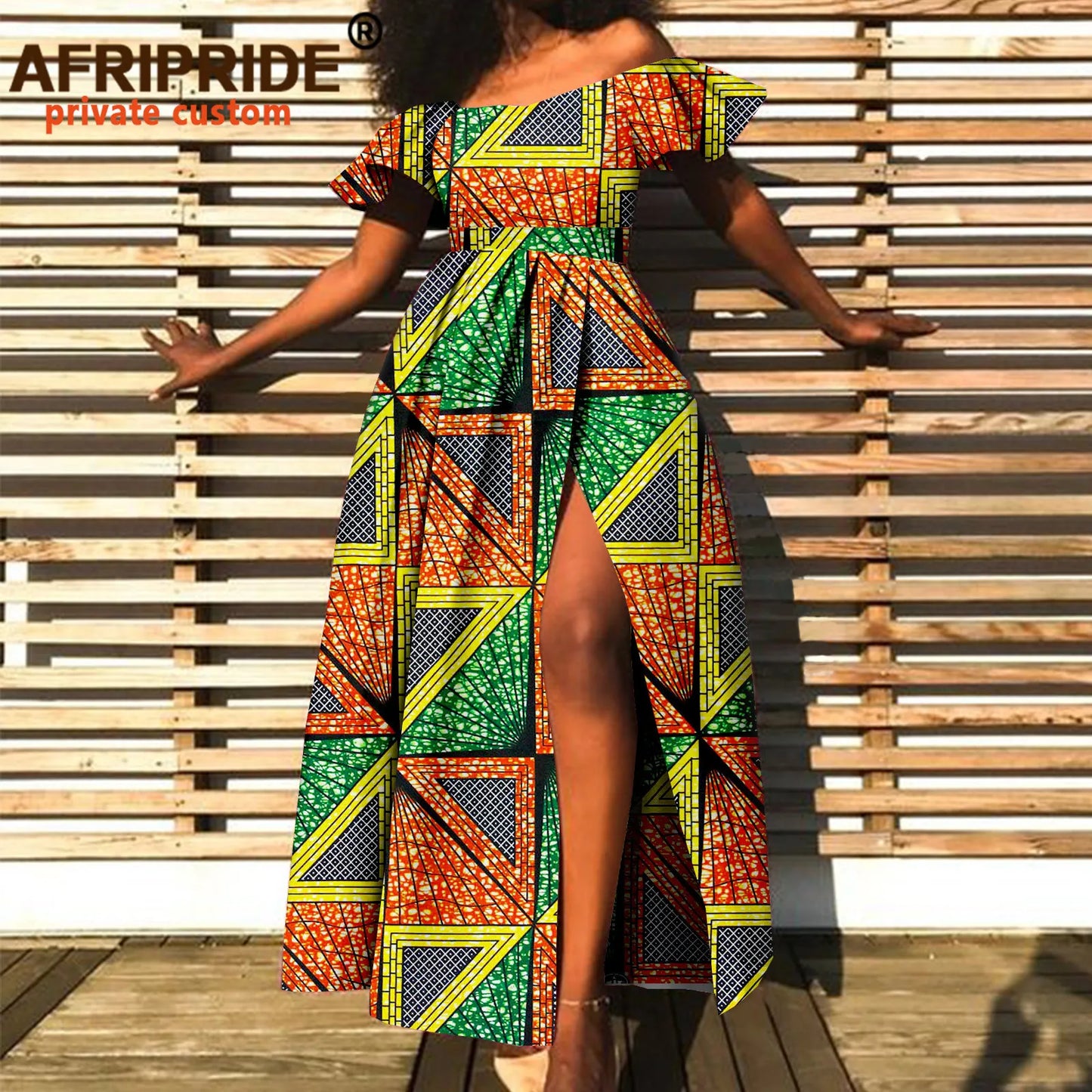 Afripride Dashiki Dresses for Women African Ankara Slash Neck Ankle Length Side Slit Casual Cotton Dress A2225061