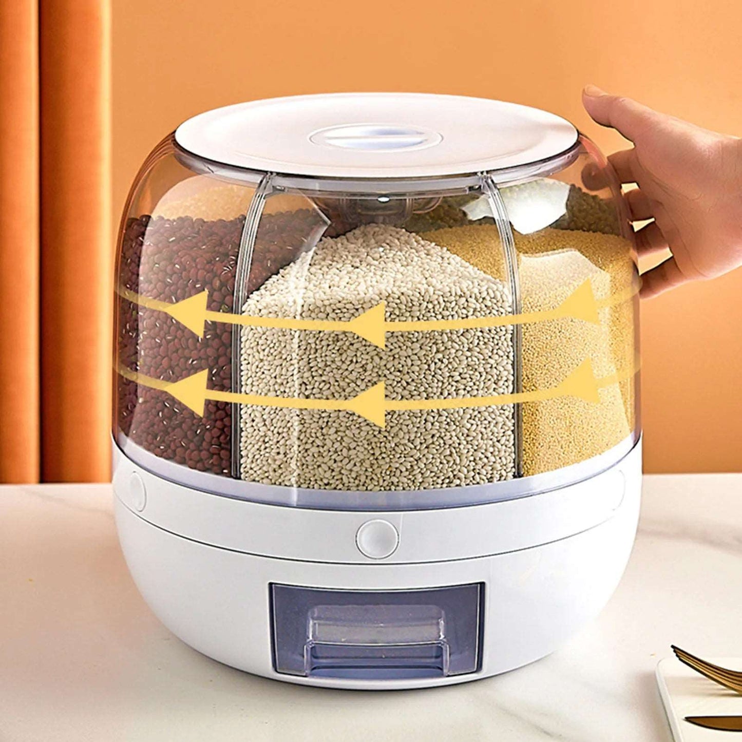 6-Grid Dry Food Container Cereal Dispenser Countertop Grain Rice Cereal Rotating Container Round Transparent Rice Bucket Visible