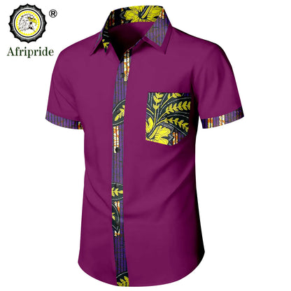 Bazin Riche African Shirts for Men Short Sleeve Casual Blouse Dashiki Tops Ankara Attire Slim Fit