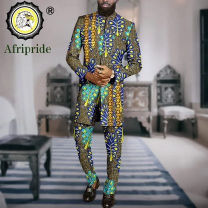 African Suits for Men Slim Fit Embroidery Print Blazer and Ankara Pants 2 Piece Set Formal Dress Suit Dashiki Outfits A2316069