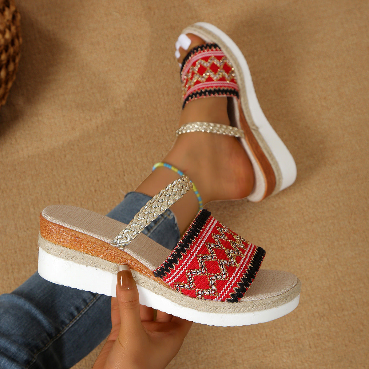 Color-blocked Wave-patterned Sandals Summer Fashion Wedges Slippers