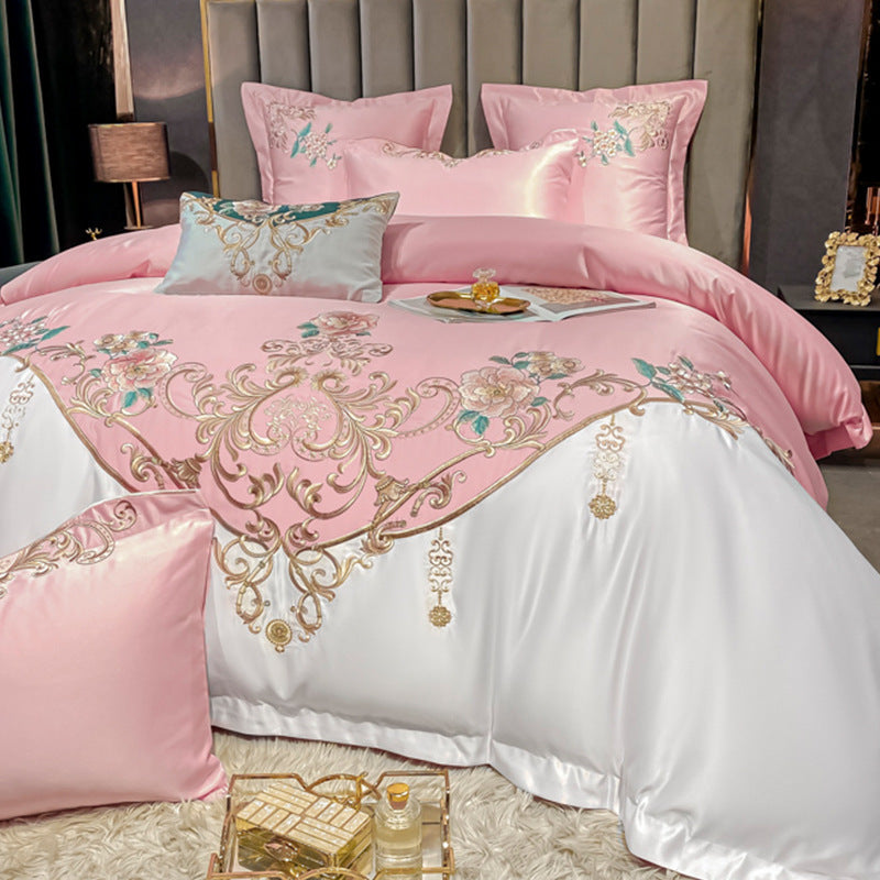 European Champagne Flower Embroidery Four-piece Luxury Bedding Set