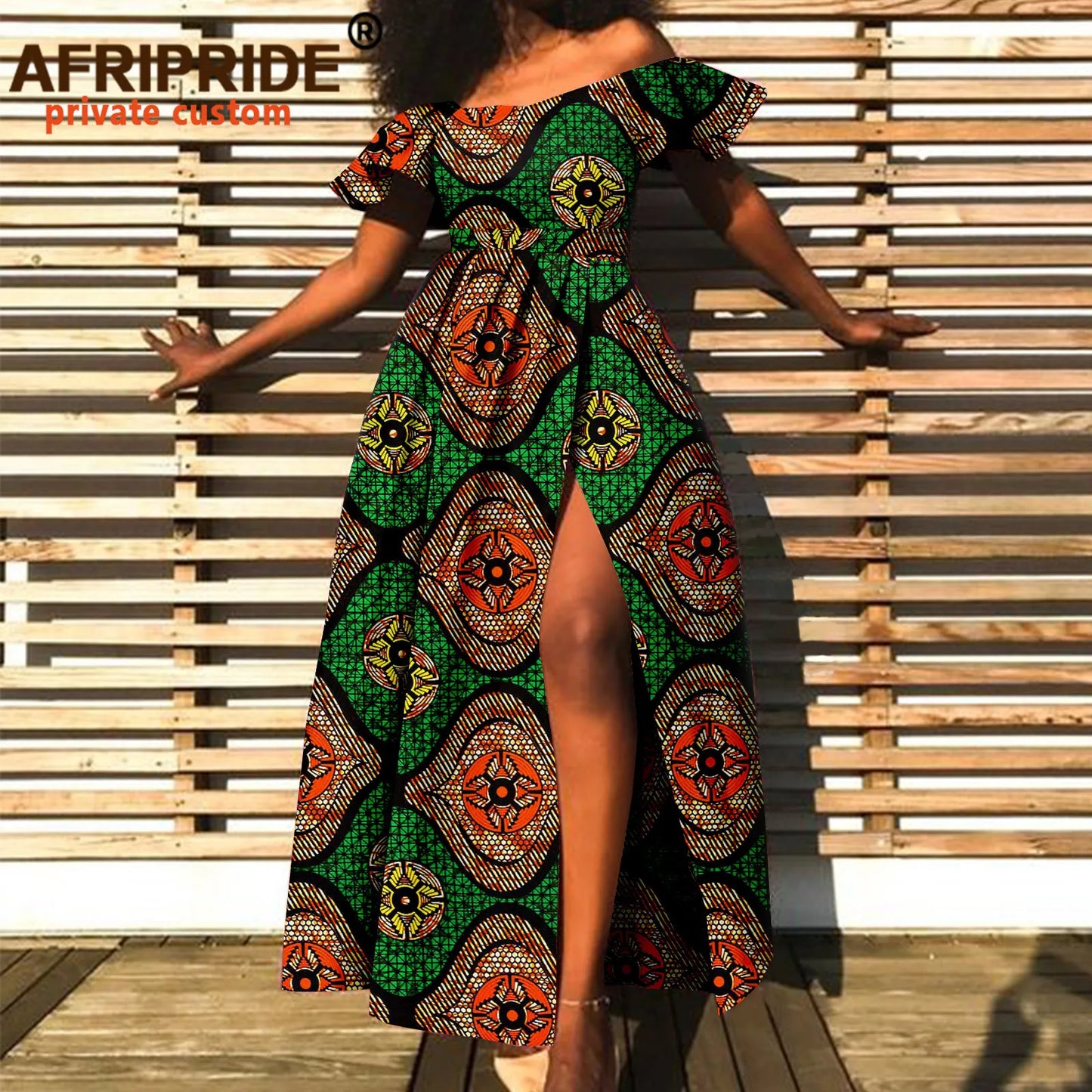 Afripride Dashiki Dresses for Women African Ankara Slash Neck Ankle Length Side Slit Casual Cotton Dress A2225061