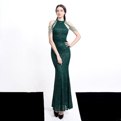 Elegant Diamond Sequined Fishtail Evening Dress