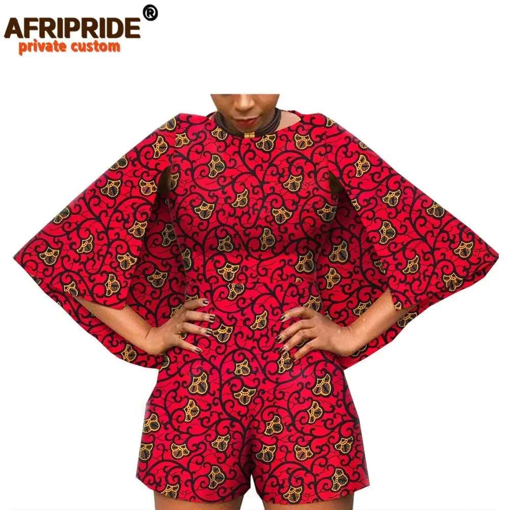 2024 African Fashion Playsuits for Women AFRIPRIDE Tailor Made Bazin Richi Cloak Sleeve Women Casual Cotton Playsuits A1929001