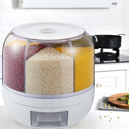 6-Grid Dry Food Container Cereal Dispenser Countertop Grain Rice Cereal Rotating Container Round Transparent Rice Bucket Visible